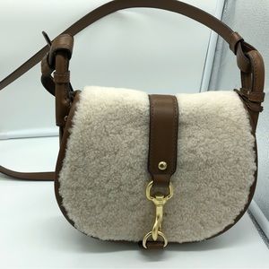 NWT Michael Kors Women`s Dark Caramel Jamie Medium Suede Shearling Saddle Bag